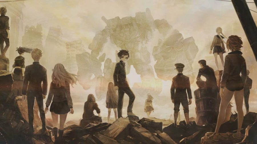 A group of students with a kaiju in the distance