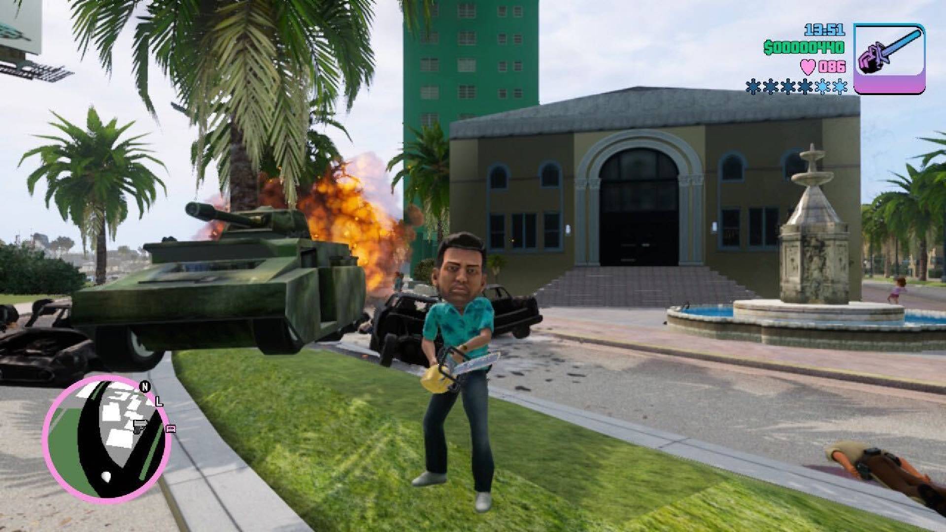 ハワイアンのシャツを着た男性のキャラクターは、チェーンソーを持って燃えているタンクの前に立っています