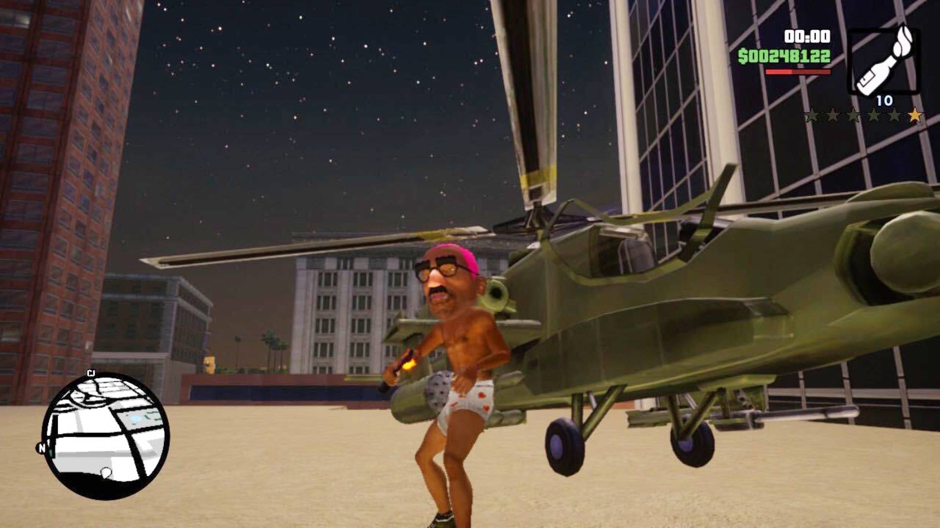 A male character in underpants stand sin front of a helicopter with Molotov cocktails