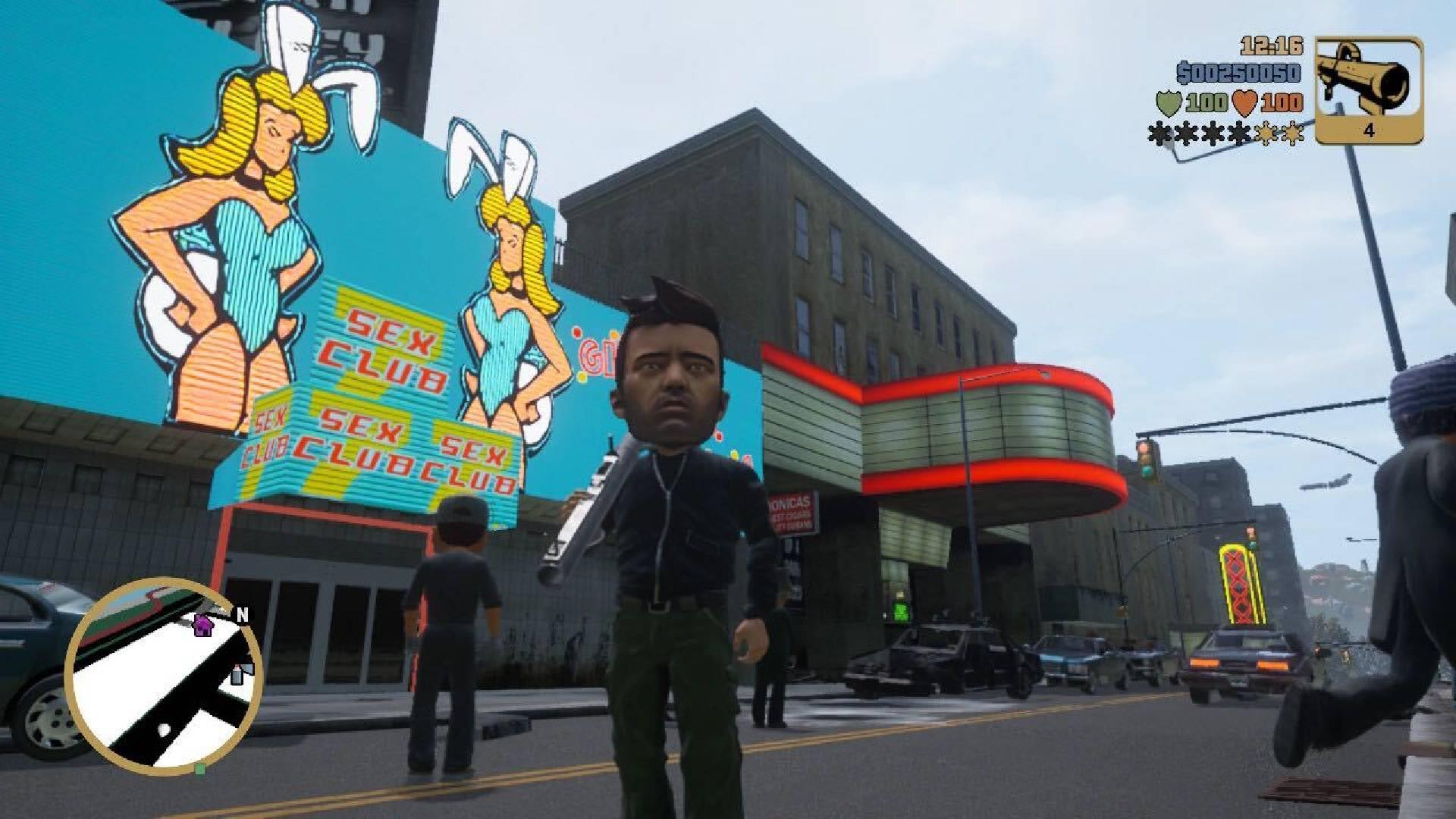 A character with a large head stands in front of a club with a rocket launcher