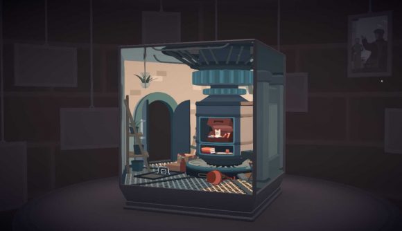 Moncage review; gameplay screenshot showing a door and a machine with a box of toys in it