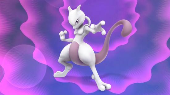 Pokémon Go's Mewtwo gegen einen fließenden lila Hintergrund