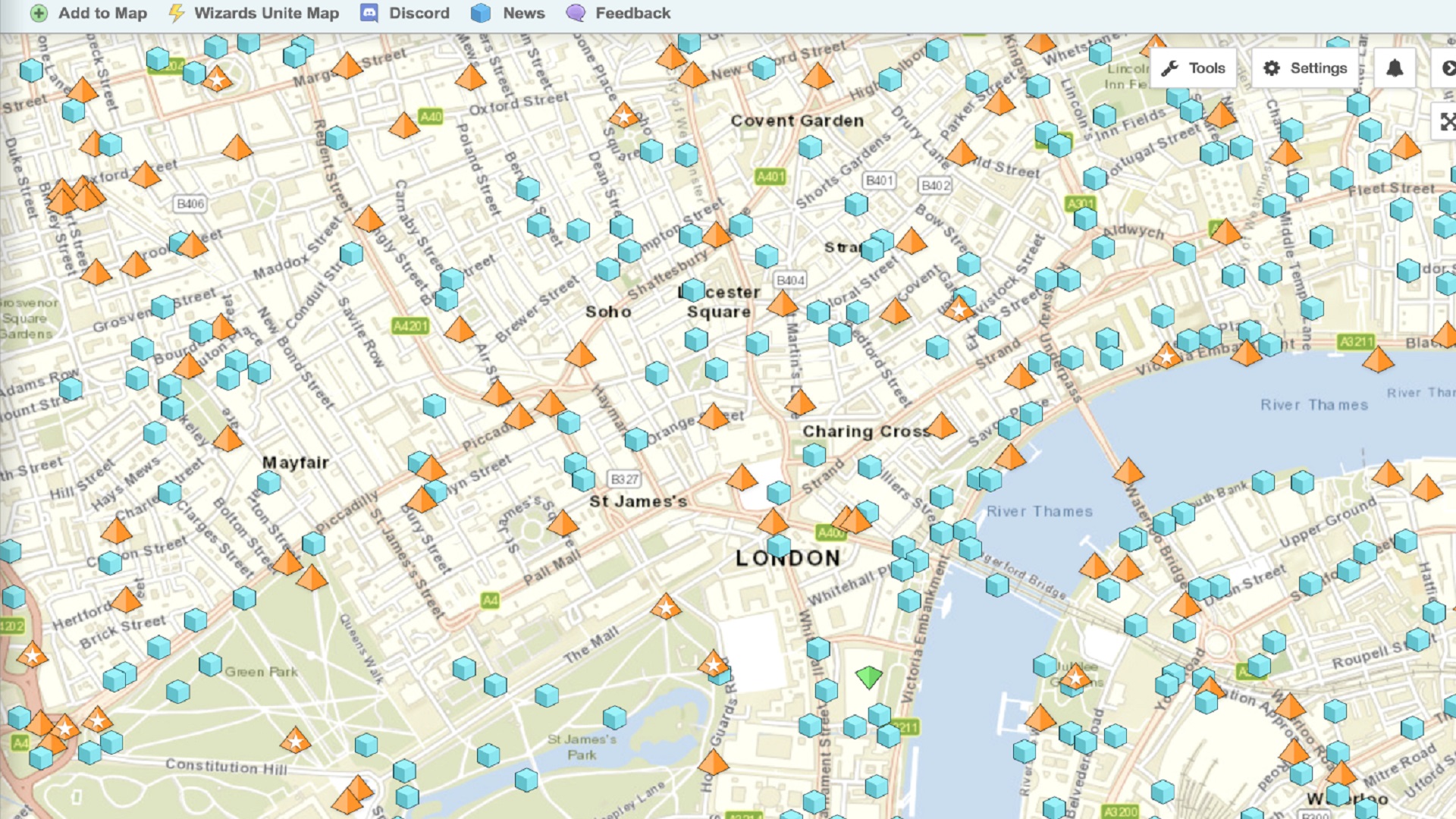 Pokémon Go maps - a street map of London showing locations of Pokémon Go stops and gyms