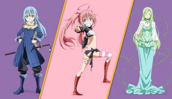 Slime Isekai Memories tier list; three characters on a pink and purple background