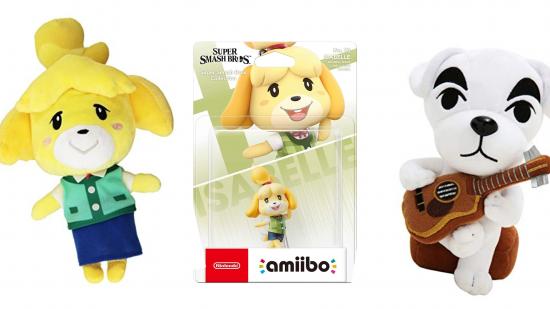 An Isabelle and KK Slider plush on either side of an Isabelle amiibo.