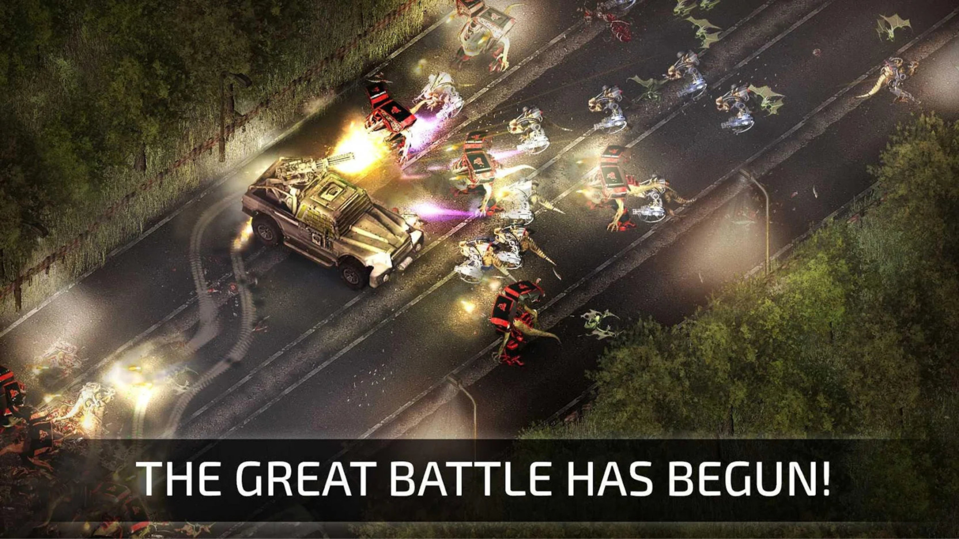 Best mobile shooters: Alien Shooter 2. Image shows a tank shooting at aliens in the street. At the bottom of the image, it says "The great battle has begun"