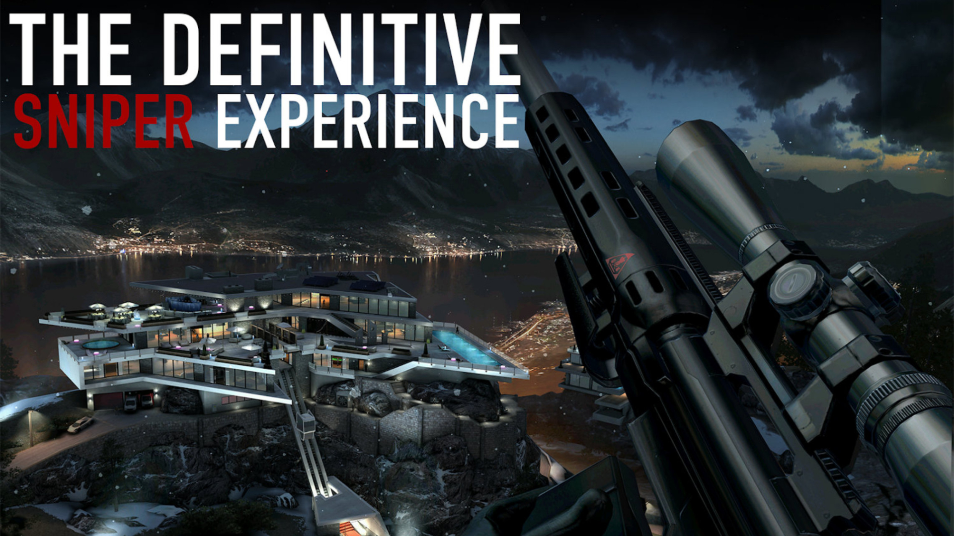 Best mobile shooters: Hitman Sniper. Image shows a sniper rifle with buildings in the distance. Text reads "The definitive sniper experience."