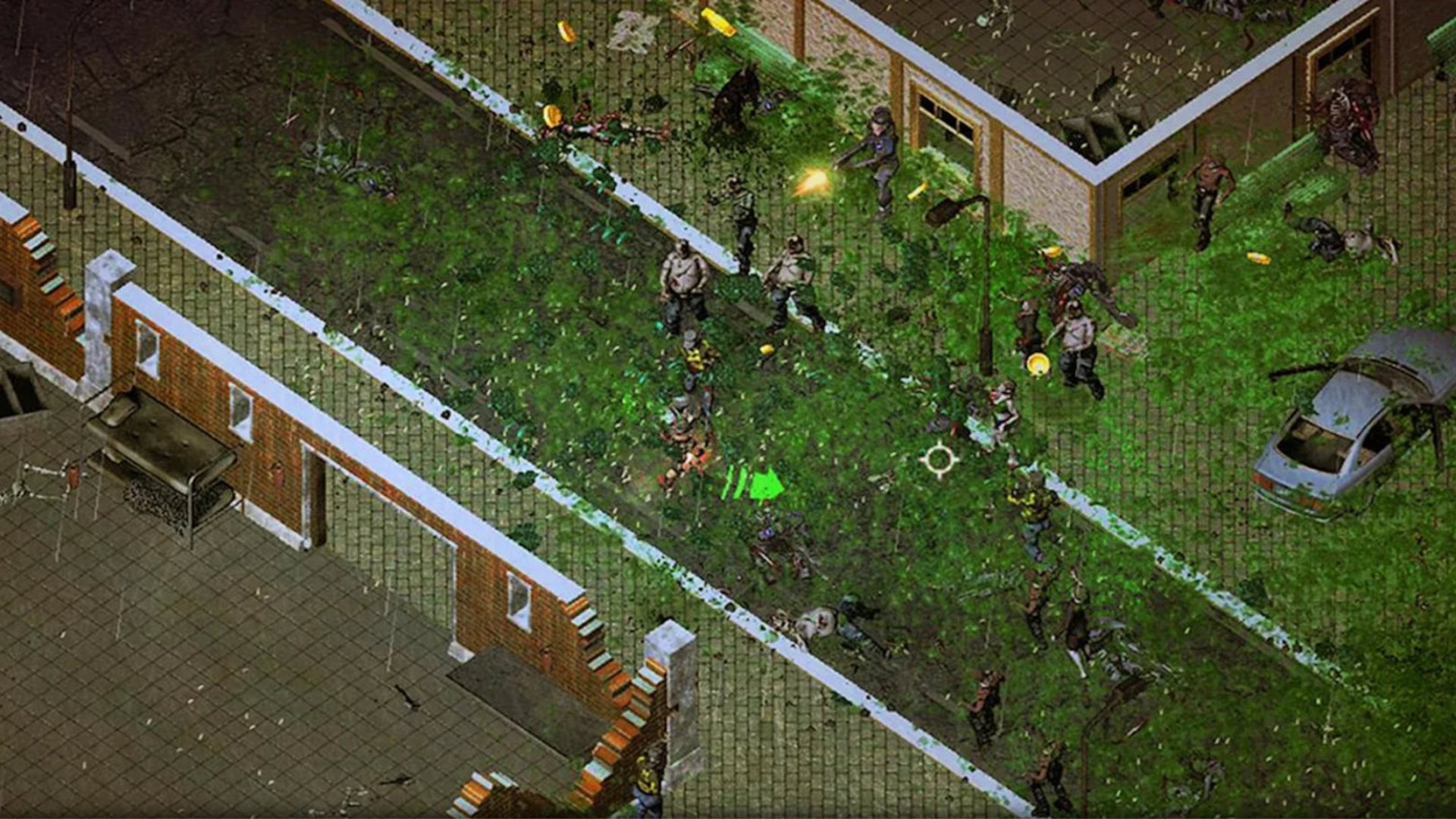 Best mobile shooters: Zombie Shooter. Image shows a field full of zombies approaching a house.
