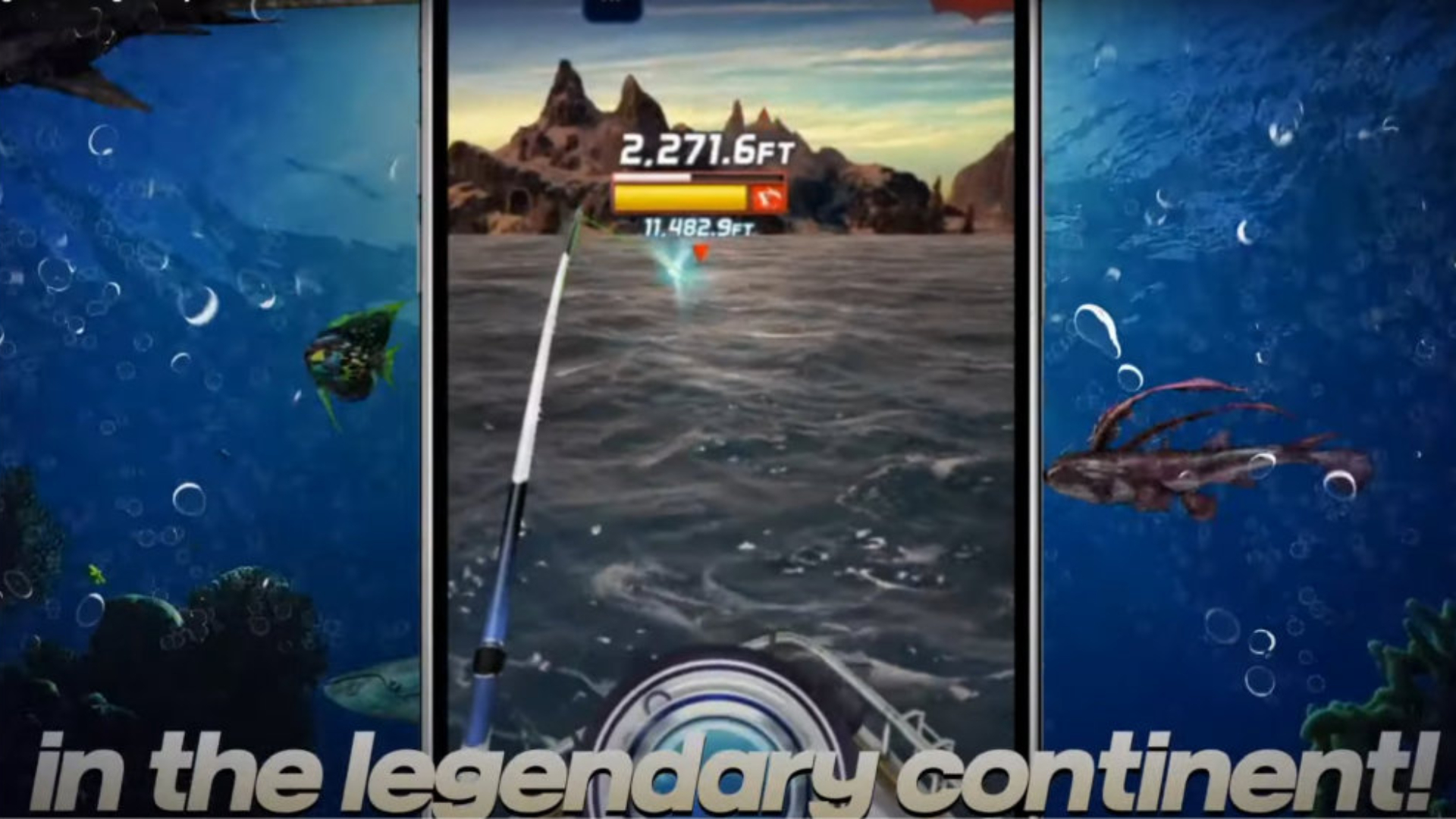 Best mobile sports games: Ace Fishing: Wild Catch. Image shows someone fishing at see, with borders showing fish under the ocean. At the bottom of the screen it says "in the legendary continent!"
