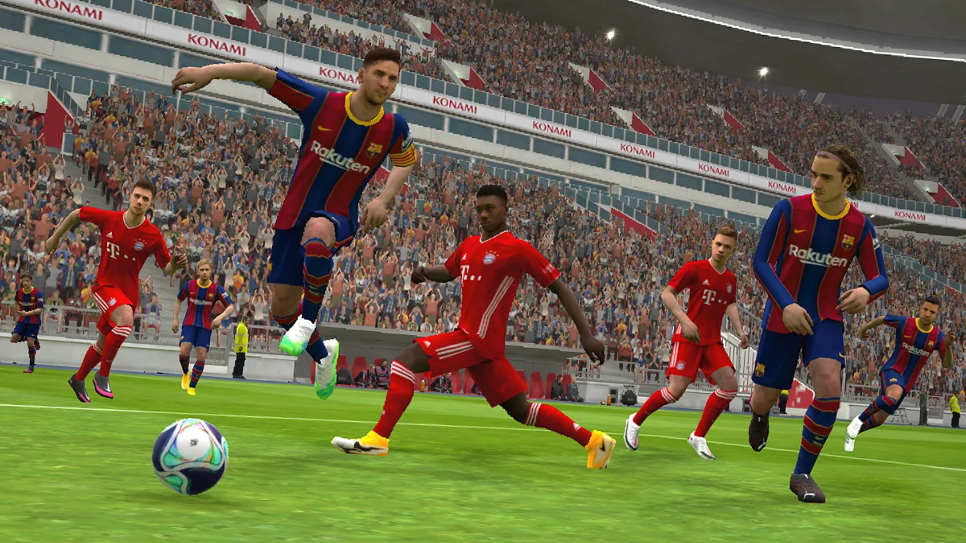 Best mobile sports games: eFootball PES 2021. Image shows Lionel Messi jumping in the air on the football pitch, with various players running around.