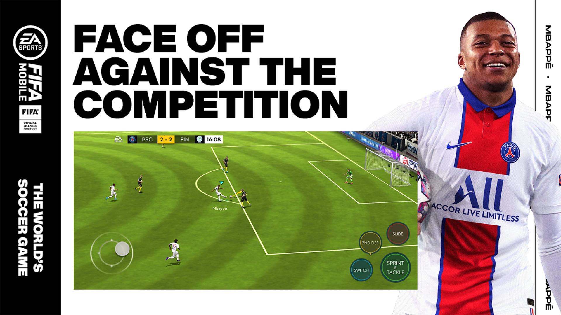 Best mobile sports games: FIFA Mobile. Image shows a player beside a screenshot with players on the pitch. Above it, it says "Face off against the competition" to the left is a black bar with the FIA logo, the EA Sports logo, and text reading "The world's soccer game"