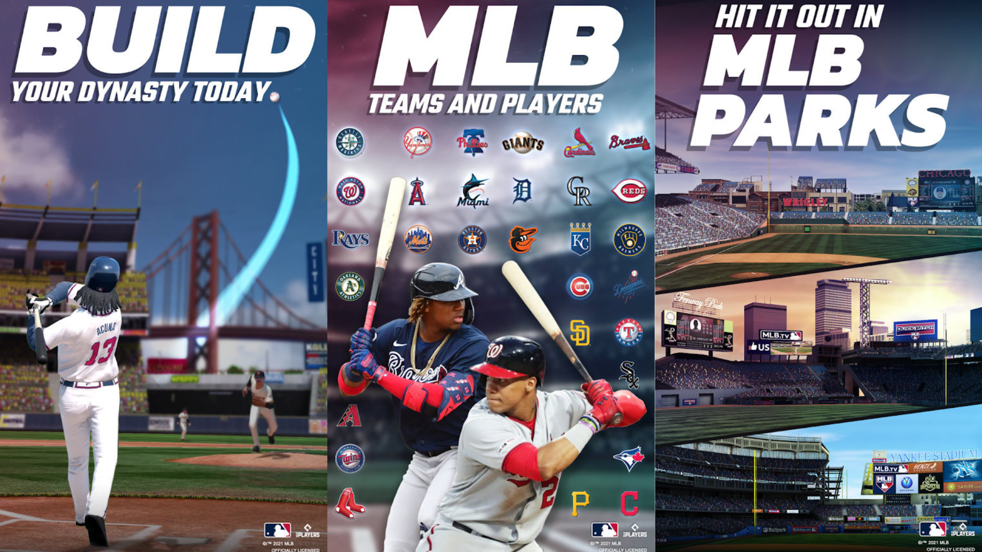 Best mobile sports games: MLB Tap Sports Baseball 2021. Image shows various images of baseball players playing baseball. Text reads "Build your dynasty today. MLB teams and players. Hit it out in MLB parks."