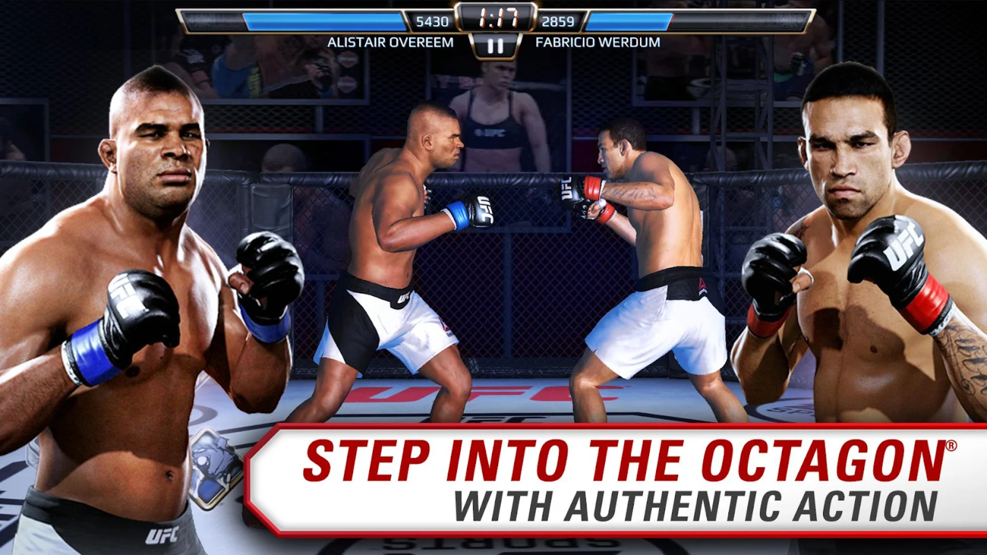 Best mobile sports games: EA Sports UFC. Image shows two boxers in the ring, with text reading "Step into the octagon with authentic action."