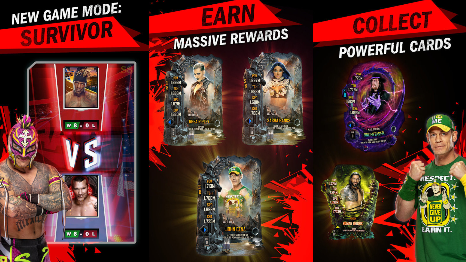 Best mobile sports games: WWE SuperCard - Battle Cards. Image shows Rey Myserio and John Cena alongside screenshots. At the top of the image it says "New game mode: Survivor. Earn massive rewards. Collect powerful cards."