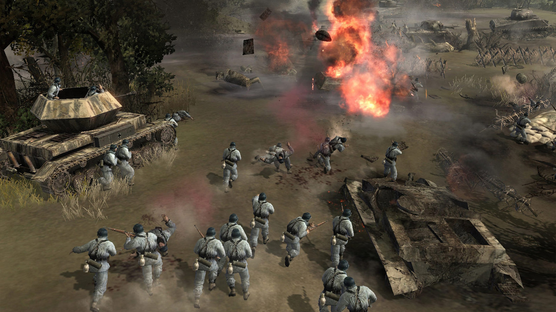 Best mobile war games: Company of Heroes. Image shows a group of soldiers rushing into no-man