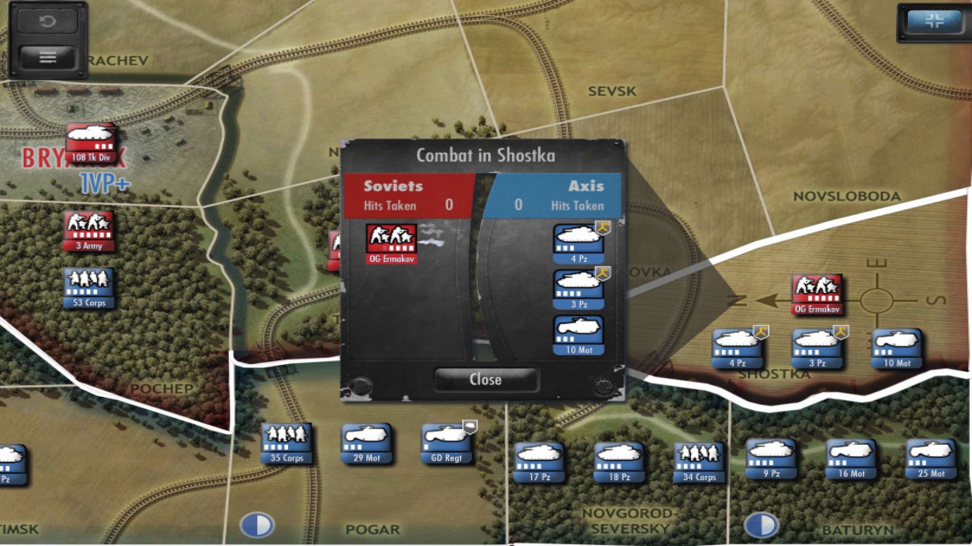 最高のモバイル戦争ゲーム：モスクワでのドライブ。画像は、ロシアの田舎の地図を示しており、タンクがどこにあるかを示しています。