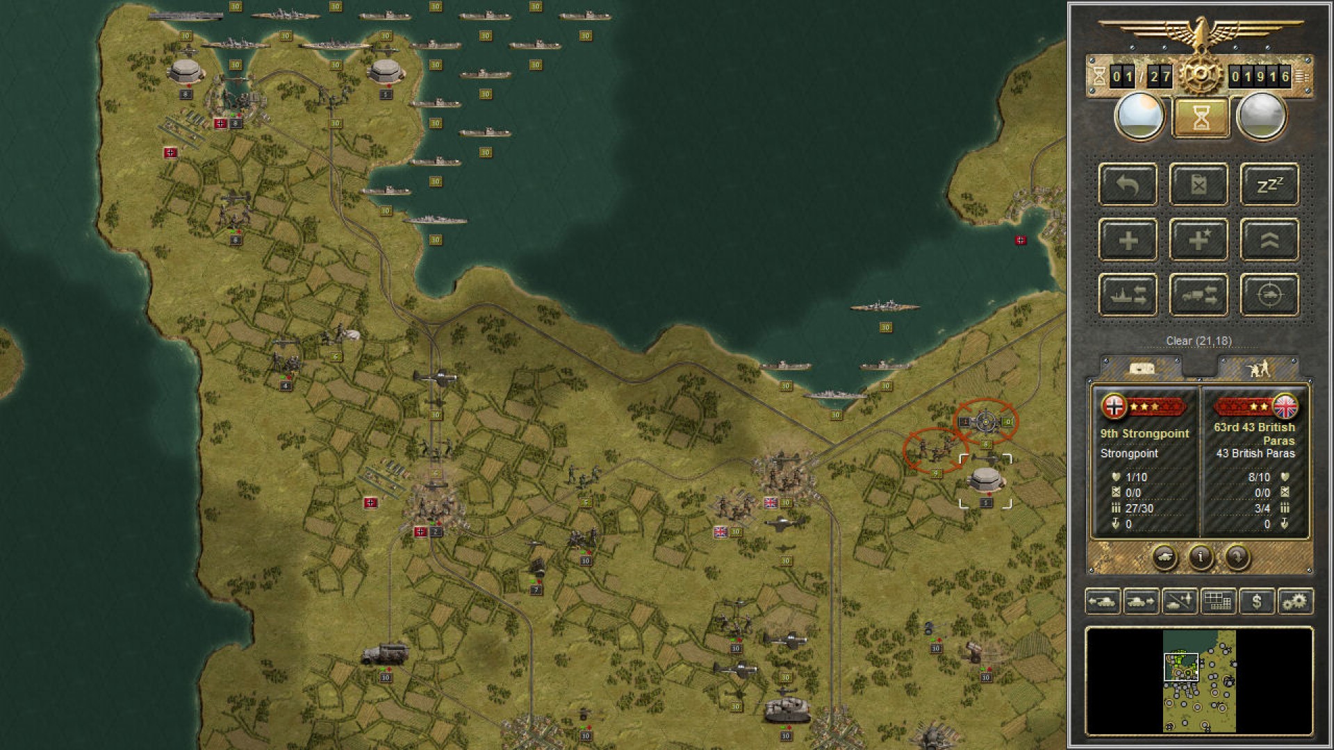 Best mobile war games: Panzer Corps. Image shows a map with various military units spread out across itt.
