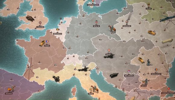Best mobile war games: Supremacy 1914. Image shows a map of Europe with vehicles used to represent the war unfolding on it.