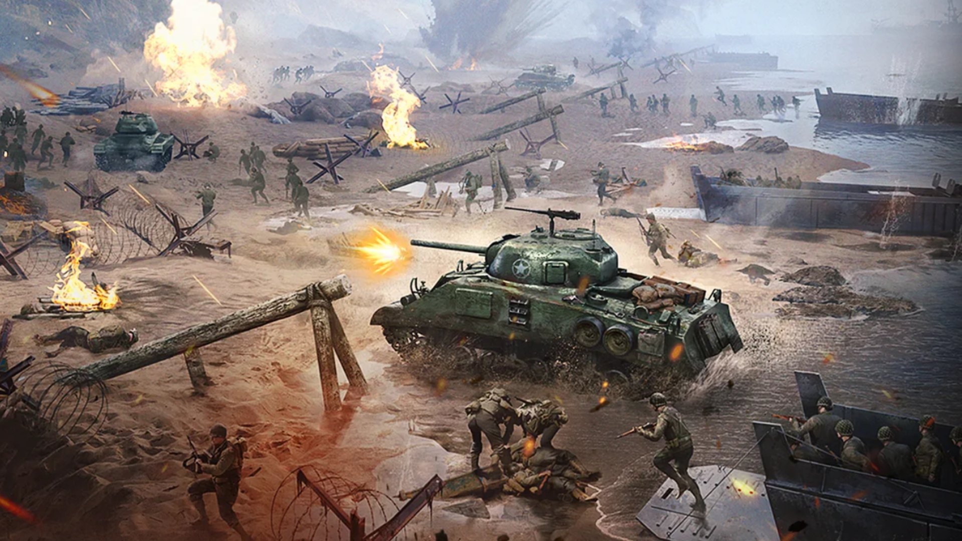 最高のモバイル戦争ゲーム：Warpath。画像は、戦車と兵士が散らばった戦場を示しています。