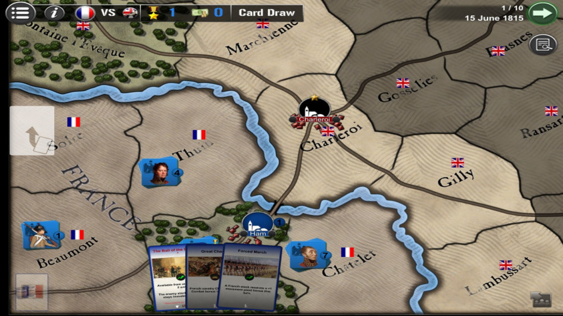 Best mobile war games: Wars Across the World. Image shows a map of a portion of England, with the player holding several cards that present options.