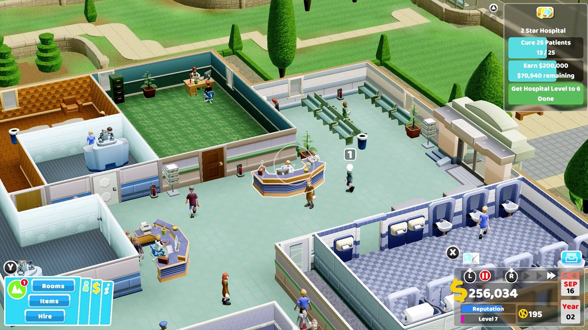 A hospital has people wandering around while menus explain how to edit your hospital 