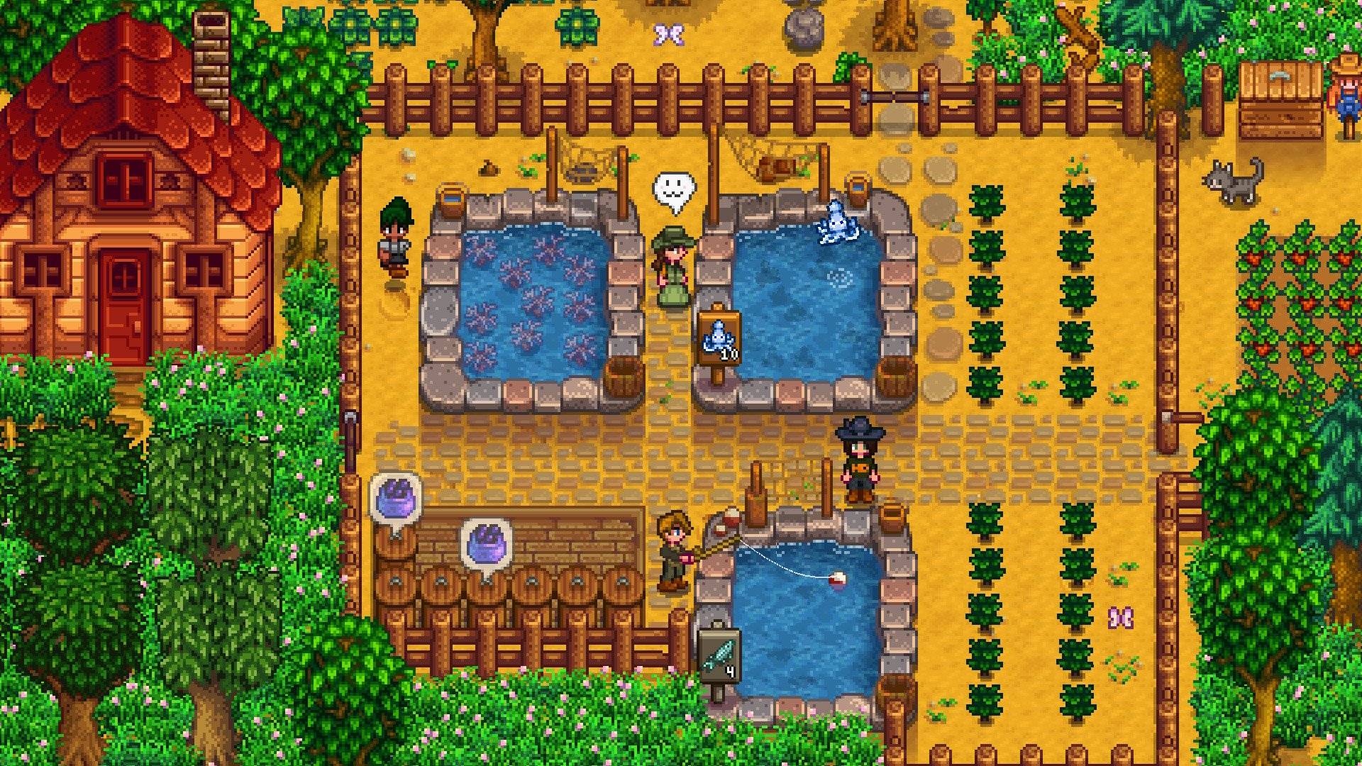 A pixelated scene shows a series of fish ponds and a gorgeous surounding garden, while players tend to them 