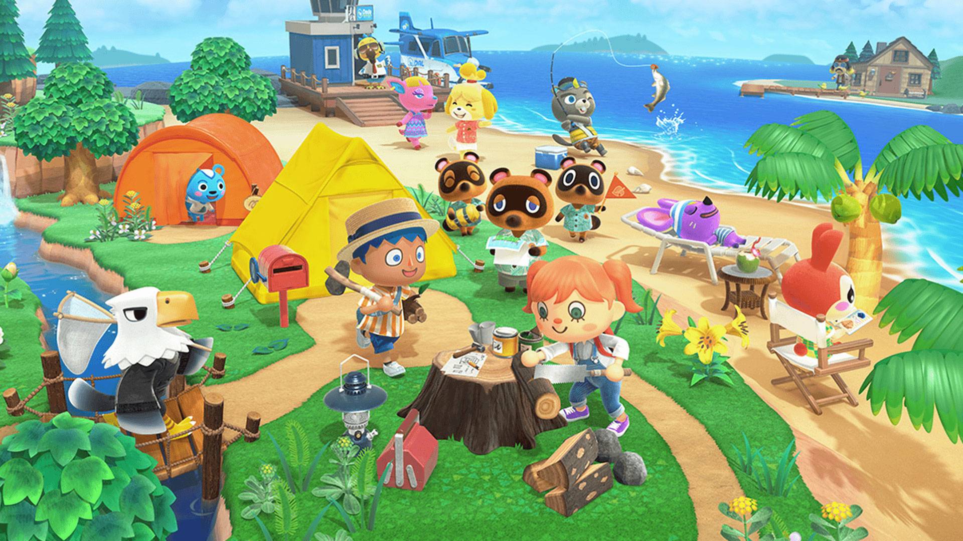 Key art shows an animal crossing villager doing DIY on a tree stump, while several animal characters stand around them contently 