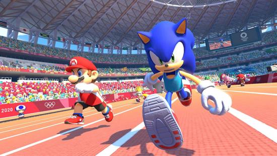 Mario and Sonic running on a track