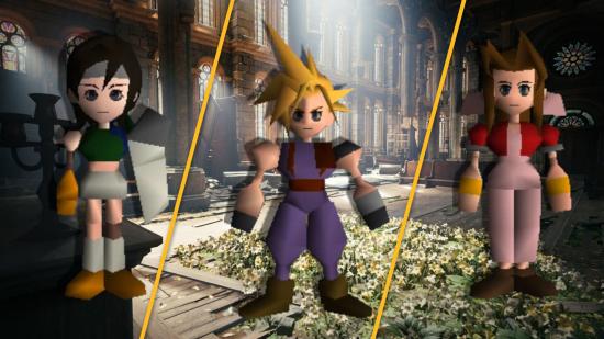 Yuffie, Cloud, and Aerith in front of flowers in a church