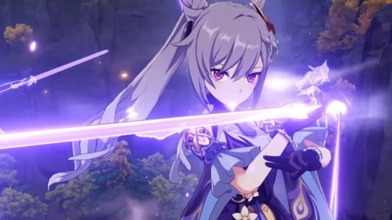 Genshin Impact's Keqing holding her glowing sword