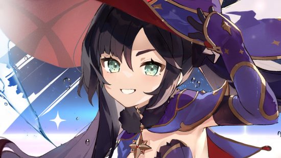 Genshin Impact Mona birthday are showing her smiling and holding her hat