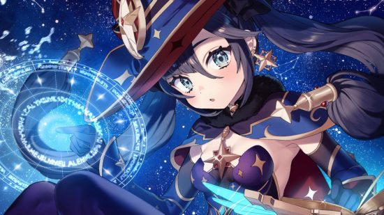 Genshin Impact Mona birthday art showing her surrounded in stars and constellations