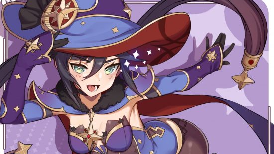 Genshin Impact Mona birthday art showing her smiling and holding her hat