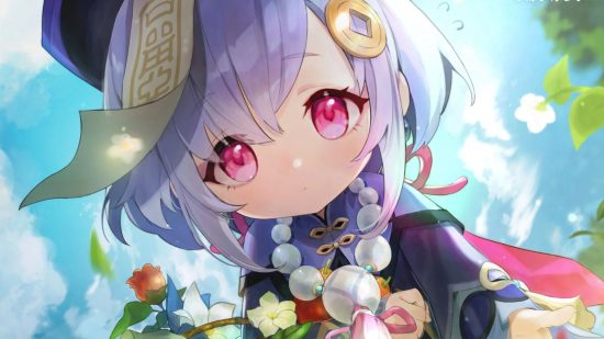 Genshin Impact Qiqi official birthday art showing her holding a basket of flowers