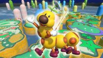 Wiggler from Super Mario holds a golf club