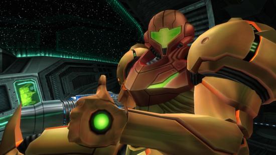 Samus Aran from Metroid Prime sits in her gunship, giving a thumbs up