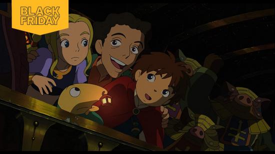 Oliver, Esther, Drippy and a friend in Ni No Kuni: Wrath of the White Witch. A Black Friday flag flies to the top left.