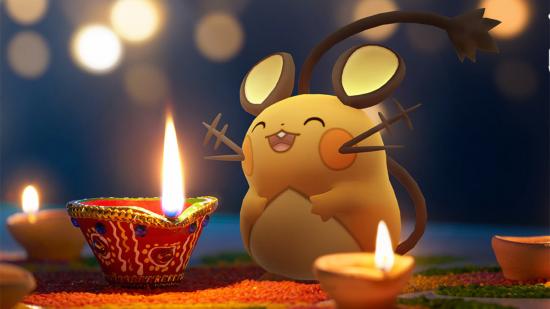 Dedenne smiling surrounded by candles