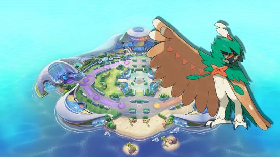 Pokémon Unite's Decidueye in front of the arena