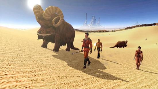 A series of Star Wars characters are walking through a desert alongside a large horned creature