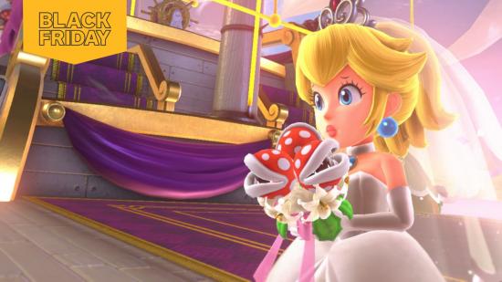 An unhappy Princess Peach holds a bouquet of Piranha Plants in a scene from Super Mario Odyssey.