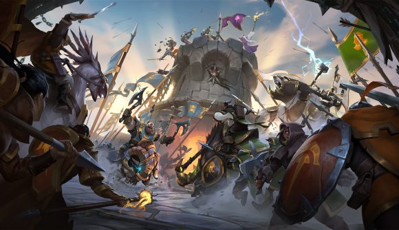 Albion Online illustration showing many characters in battle before a tower