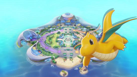 Pokémon Unite Dragonite soaring over the arena