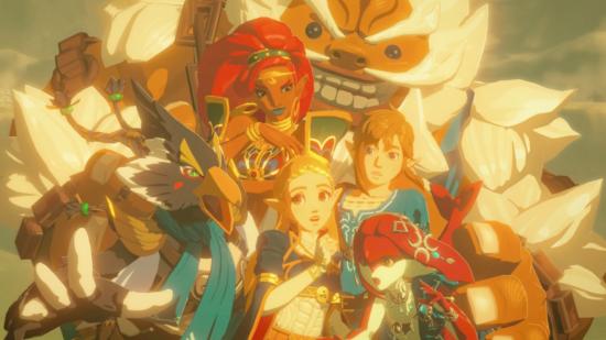 The champions from the Legend of Zelda: Breath of the Wild, posing together for a picture. Link, Zelda, Daruk, Mipha, Urbosa and Revali are all in the picture. A print of this picture is included in the Creating a Hero set.