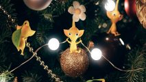Christmas games - a yellow Pikmin holding Christmas lights