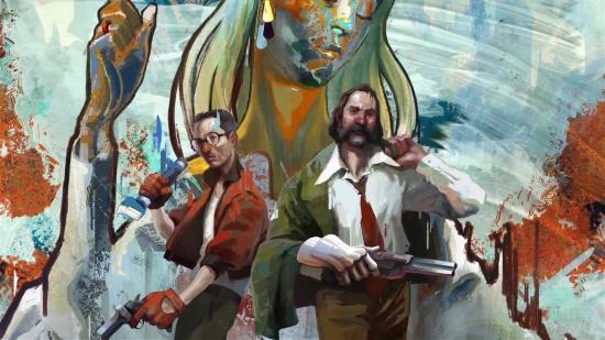 Two male characters appear against a water colour background of swirling colours, in key art for the game Disco Elysium