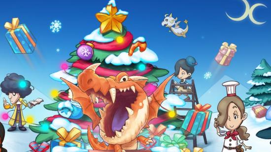 A dragon in front of a Christmas tree