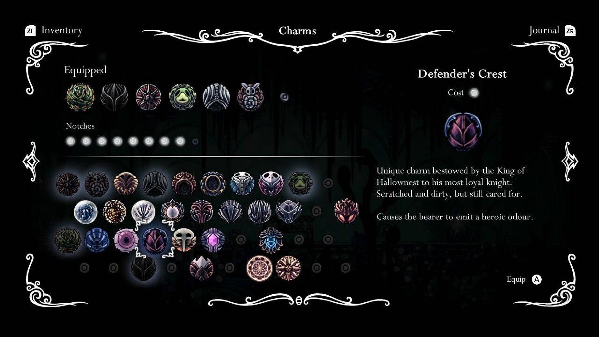A menu shows many of the available charms in Hollow Knight 