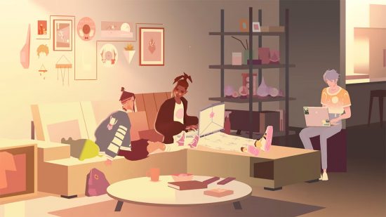 Indie games - a screenshot of We Are OFK showing the characters sat on a sofa talking