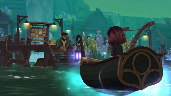 Indie games - a screenshot of Wylde Flowers, showing Tara approaching a werewolf on a boat